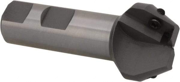 Everede Tool - 30° Lead Angle, 1.303" Max Cut Diam, 3/4" Min Cut Diam, 0.479" Max Depth of Cut, Indexable Chamfer and Angle End Mill - 2 Inserts, APLT 347 Insert Style, 3" Overall Length, Straight Shank, 60° Included Angle - Eagle Tool & Supply