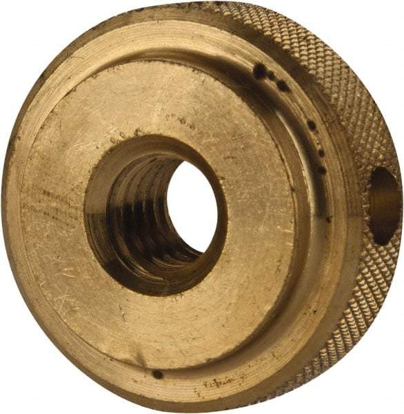 Gibraltar - 5/16-18" UNC Thread, Uncoated, Brass Round Knurled Check Nut - 3/8" Overall Height, 1" Head Diam, 3/4" Diam x 3/32" Base Height - Eagle Tool & Supply