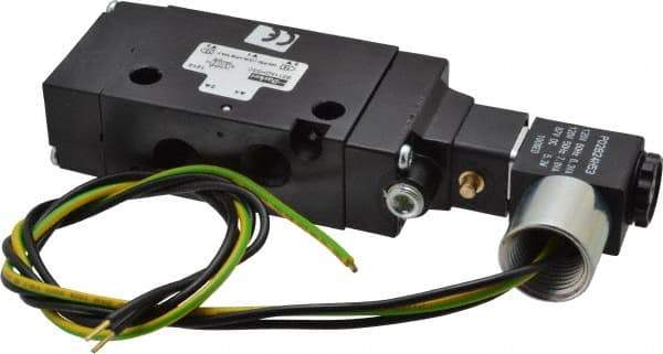 Parker - 1/4" Inlet x 1/4" Outlet, Single Solenoid Actuator, Air Return, 2 Position, Body Ported Solenoid Air Valve - 120 VAC Input, 88 CFM, 1.4 CV, 4 Way, 145 psi, 5-3/4" Long x 1.15" Wide x 3.97" High, 0 to 160°F - Eagle Tool & Supply