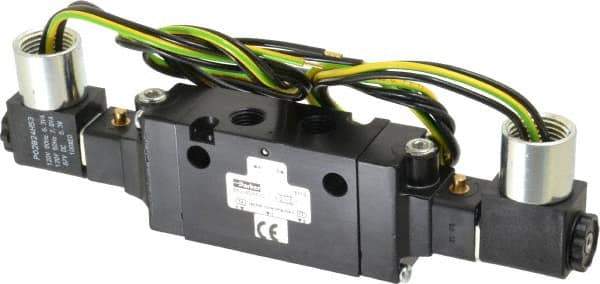 Parker - 1/4" Inlet x 1/4" Outlet, Double Solenoid Actuator, Solenoid Return, 2 Position, Body Ported Solenoid Air Valve - 120 VAC Input, 88 CFM, 1.4 CV, 4 Way, 145 psi, 7-3/10" Long x 1.15" Wide x 3.97" High, 0 to 160°F - Eagle Tool & Supply