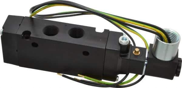Parker - 3/8" Inlet x 3/8" Outlet, Single Solenoid Actuator, Air Return, 2 Position, Body Ported Solenoid Air Valve - 120 VAC Input, 88 CFM, 2.8 CV, 4 Way, 145 psi, 5-3/4" Long x 1.15" Wide x 3.97" High, 0 to 160°F - Eagle Tool & Supply