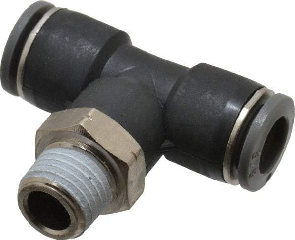 Norgren - 3/8" Tube OD, 1/4 NPTF Brass Push-to-Connect Tube Male Swivel Branch Tee - Tube to Male NPT Connection, 150 Max psi, Nitrile O-Ring, 0 to 175°F Working Temp - Eagle Tool & Supply
