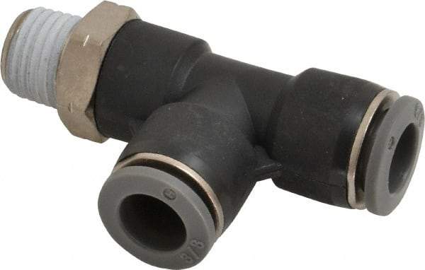 Norgren - 3/8" Tube OD, 1/4 NPTF Brass Push-to-Connect Tube Male Swivel Run Tee - Tube to Male NPT Connection, 150 Max psi, Nitrile O-Ring, 0 to 175°F Working Temp - Eagle Tool & Supply