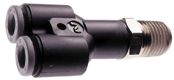 Norgren - 3/8" Tube OD, 1/4 NPTF Brass Push-to-Connect Tube Male Parallel Y - Tube to Male NPT Connection, 150 Max psi, Nitrile O-Ring, 0 to 175°F Working Temp - Eagle Tool & Supply