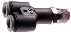 Norgren - 3/8" Tube OD, 3/8 NPTF Brass Push-to-Connect Tube Male Parallel Y - Tube to Male NPT Connection, 150 Max psi, Nitrile O-Ring, 0 to 175°F Working Temp - Eagle Tool & Supply