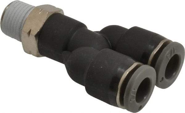 Norgren - 1/4" Tube OD, 1/8 NPTF Brass Push-to-Connect Tube Male Parallel Y - Tube to Male NPT Connection, 150 Max psi, Nitrile O-Ring, 0 to 175°F Working Temp - Eagle Tool & Supply
