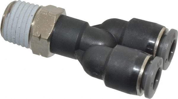 Norgren - 1/4" Tube OD, 1/4 NPTF Brass Push-to-Connect Tube Male Parallel Y - Tube to Male NPT Connection, 150 Max psi, Nitrile O-Ring, 0 to 175°F Working Temp - Eagle Tool & Supply