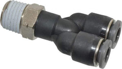 Norgren - 1/4" Tube OD, 1/4 NPTF Brass Push-to-Connect Tube Male Parallel Y - Tube to Male NPT Connection, 150 Max psi, Nitrile O-Ring, 0 to 175°F Working Temp - Eagle Tool & Supply