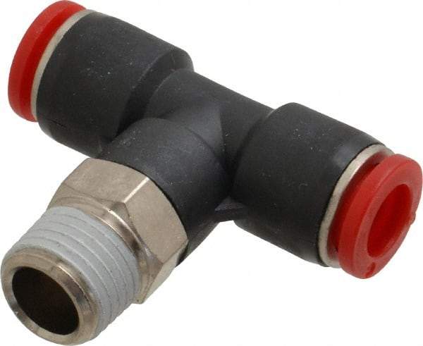 Norgren - 8mm Tube OD, 1/4 BSPT Brass Push-to-Connect Tube Male Swivel Branch Tee - Tube to Male BSPT Connection, 150 Max psi, Nitrile O-Ring, 0 to 175°F Working Temp - Eagle Tool & Supply