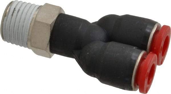 Norgren - 6mm Tube OD, 1/4 BSPT Brass Push-to-Connect Tube Male Parallel Y - Tube to Male BSPT Connection, 150 Max psi, Nitrile O-Ring, 0 to 175°F Working Temp - Eagle Tool & Supply