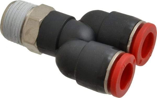 Norgren - 10mm Tube OD, 3/8 BSPT Brass Push-to-Connect Tube Male Parallel Y - Tube to Male BSPT Connection, 150 Max psi, Nitrile O-Ring, 0 to 175°F Working Temp - Eagle Tool & Supply