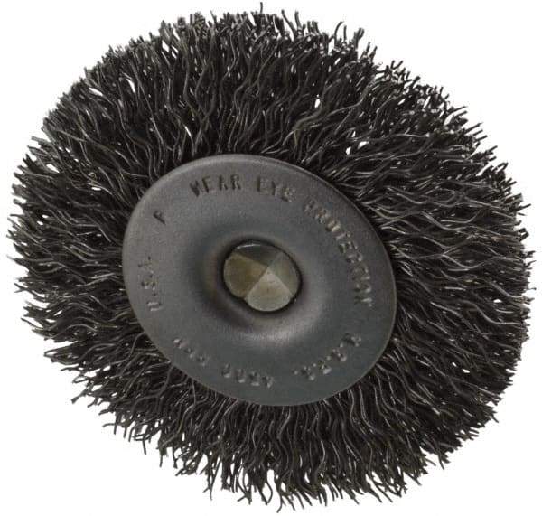 Made in USA - 2-1/2" OD, 1/4" Shank Diam, Crimped Steel Wheel Brush - 1/4" Face Width, 0.014" Filament Diam, 4,500 RPM - Eagle Tool & Supply