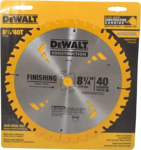 DeWALT - 8-1/4" Diam, 5/8" Arbor Hole Diam, 40 Tooth Wet & Dry Cut Saw Blade - Carbide-Tipped, General Purpose Action, Diamond Arbor - Eagle Tool & Supply