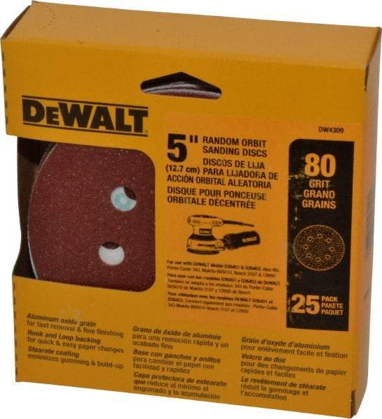DeWALT - 5" Diam, 80 Grit, Aluminum Oxide Hook & Loop Disc - Medium Grade, Coated, Paper Backing, - Eagle Tool & Supply