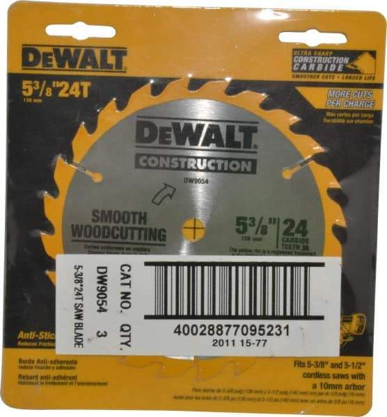 DeWALT - 5-3/8" Diam, 10mm Arbor Hole Diam, 24 Tooth Wet & Dry Cut Saw Blade - Carbide-Tipped, Smooth Action, Standard Round Arbor - Eagle Tool & Supply