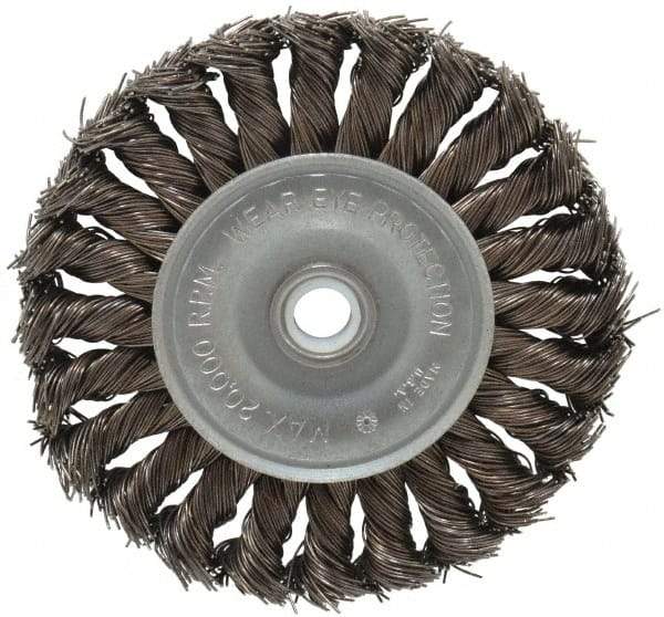 Anderson - 4" OD, 1/2" Arbor Hole, Knotted Steel Wheel Brush - 1/2" Face Width, 1" Trim Length, 0.02" Filament Diam, 20,000 RPM - Eagle Tool & Supply