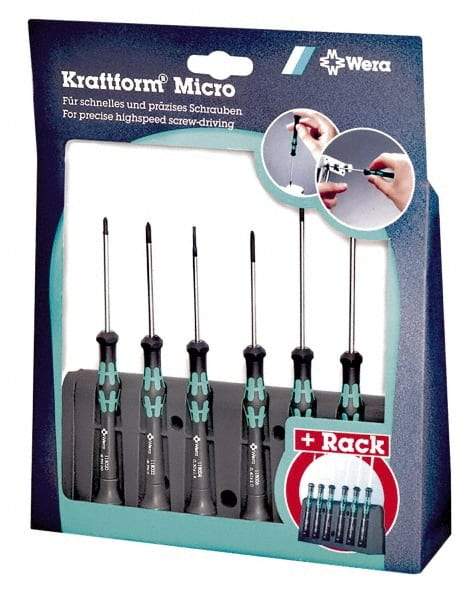 Wera - 6 Piece Phillips & Slotted Screwdriver Set - Round Shank, Ergonomic Handle, Bit Sizes: Philips #0 & #1 - Eagle Tool & Supply