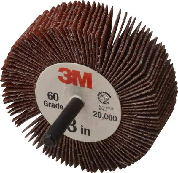 3M - 3" Diam x 1" Face Width, Medium Ceramic Alumina Coated Mounted Flap Wheel - 1/4" Shank Mount, 60 Grit, X Weighted Cloth Backing, 20,000 Max RPM - Eagle Tool & Supply