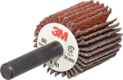 3M - 1" Diam x 1" Face Width, Medium Ceramic Alumina Coated Mounted Flap Wheel - 1/4" Shank Mount, 60 Grit, X Weighted Cloth Backing, 30,000 Max RPM - Eagle Tool & Supply