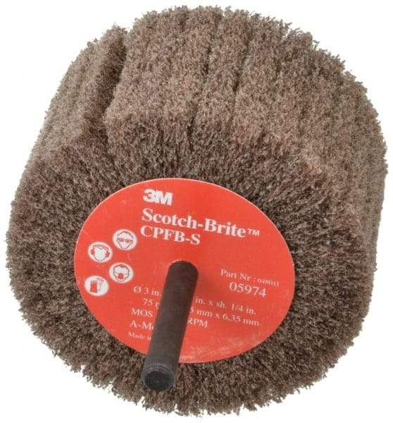 3M - 3" Diam x 1-3/4" Face Width, Medium Aluminum Oxide Nonwoven Mounted Flap Wheel - 1/4" Shank Mount, 8,500 Max RPM - Eagle Tool & Supply