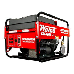 Winco Inc - 3-1/2 hr Full Load Time, 9 kW, Electric/Pull Start, Gasoline, Liquid Propane (LP) & Natural Gas Portable Power Generator - 7 Gal Tank, 32-3/4" Long x 22-1/2" Wide x 22" Deep, 480 cc Engine - Eagle Tool & Supply