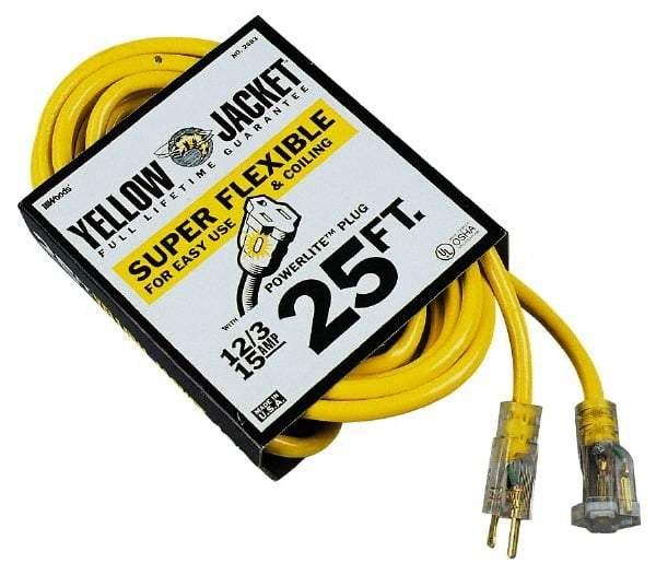 Southwire - 25', 12/3 Gauge/Conductors, Yellow Outdoor Extension Cord - 1 Receptacle, 15 Amps, 125 VAC, UL SJTW-A, NEMA 5-15P, 5-15R - Eagle Tool & Supply
