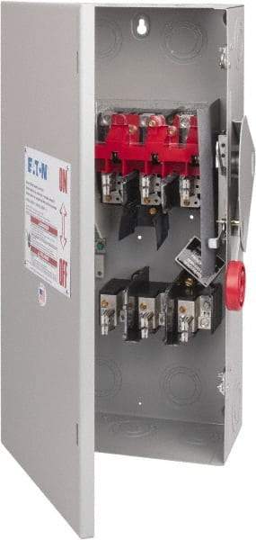 Eaton Cutler-Hammer - 100 Amp, 250 VDC, 480-600 VAC, 3 Pole Fused Safety Switch - NEMA 1, 1 Phase, 30 hp at 480 VAC, 40 hp at 600 VAC (Single Phase), 60 hp at 480 VAC, 75 hp at 600 VAC (Triple Phase), 3PST Contact Form - Eagle Tool & Supply