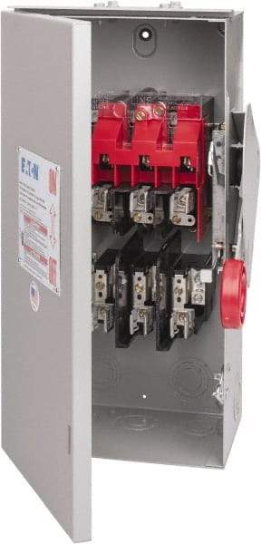 Eaton Cutler-Hammer - 30 Amp, 250 VDC, 480-600 VAC, 3 Pole Fused Safety Switch - NEMA 3R, 3 Phase, 7-1/2 hp at 480 VAC, 10 hp at 600 VAC (Single Phase), 15 hp at 480 VAC, 20 hp at 600 VAC (Triple Phase), 3PST Contact Form - Eagle Tool & Supply
