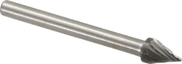 Made in USA - 3/16" Cut Diam, 1/8" Shank Diam, Cone Head Single Cut Burr - High Speed Steel, Point End, 1/4" LOC, 1-1/2" OAL - Eagle Tool & Supply