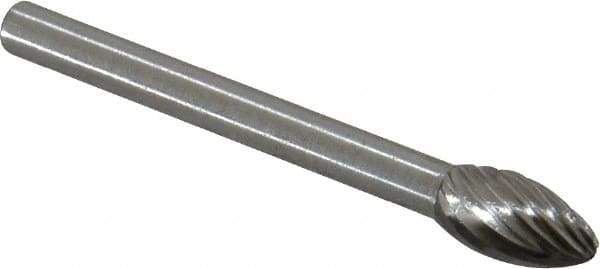 Made in USA - 3/16" Cut Diam, 1/8" Shank Diam, Flame Head Single Cut Burr - High Speed Steel, Radius End, 3/8" LOC, 1-1/2" OAL - Eagle Tool & Supply