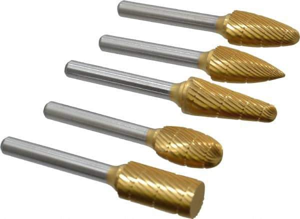 Made in USA - 5 Piece, 1/2" Shank Burr Set - Tungsten Carbide, Multiple Head Shape - Eagle Tool & Supply