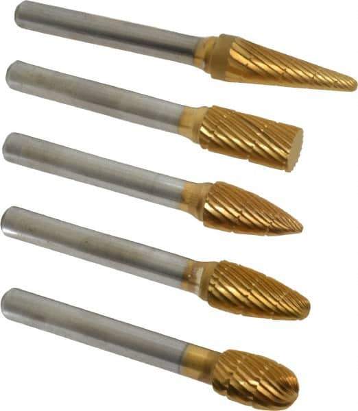 Made in USA - 5 Piece, 3/8" Shank Burr Set - Tungsten Carbide, Multiple Head Shape - Eagle Tool & Supply