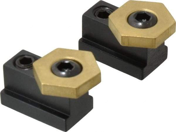 Mitee-Bite - 13/16" Brass Hex, 7/16" T-Slot, 5/16-18 Stud Thread, Symmetrical Hex Clamp - 3/16" Hex Height, 800 Lb Holding Force, 1/2" Long Thread, 8.3 Ft/Lb Torque, 2 Clamps - Eagle Tool & Supply