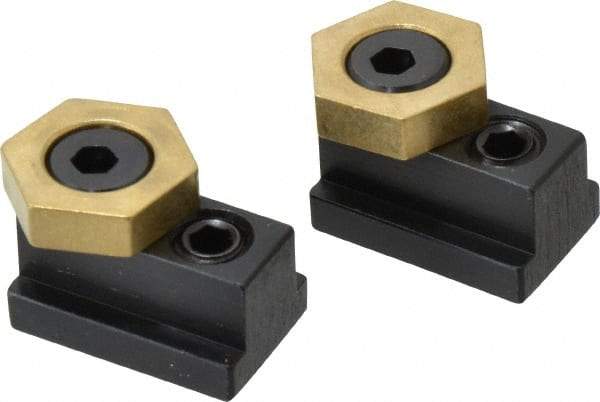 Mitee-Bite - 13/16" Brass Hex, 1/2" T-Slot, 3/8-16 Stud Thread, Symmetrical Hex Clamp - 1/4" Hex Height, 2,000 Lb Holding Force, 3/4" Long Thread, 20.8 Ft/Lb Torque, 2 Clamps - Eagle Tool & Supply