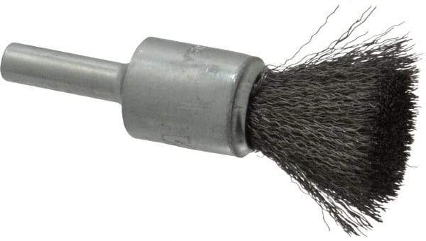 Weiler - 1/2" Brush Diam, Crimped, End Brush - 1/4" Diam Steel Shank, 25,000 Max RPM - Eagle Tool & Supply
