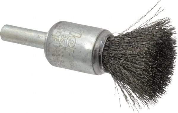 Weiler - 1/2" Brush Diam, Crimped, End Brush - 1/4" Diam Steel Shank, 25,000 Max RPM - Eagle Tool & Supply