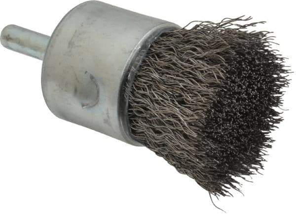 Weiler - 1" Brush Diam, Crimped, End Brush - 1/4" Diam Steel Shank, 22,000 Max RPM - Eagle Tool & Supply