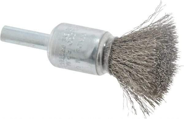 Weiler - 1/2" Brush Diam, Crimped, End Brush - 1/4" Diam Steel Shank, 25,000 Max RPM - Eagle Tool & Supply