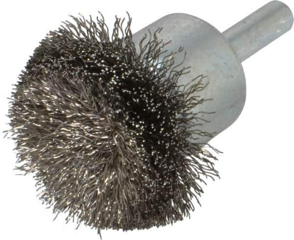 Weiler - 1-1/2" Brush Diam, Crimped, Flared End Brush - 1/4" Diam Shank, 20,000 Max RPM - Eagle Tool & Supply