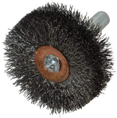 Weiler - 1-1/2" OD, 1/4" Shank Diam, Crimped Steel Wheel Brush - 1/2" Face Width, 1/2" Trim Length, 0.008" Filament Diam, 20,000 RPM - Eagle Tool & Supply