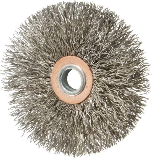 Weiler - 3" OD, 1/4" Shank Diam, Crimped Stainless Steel Wheel Brush - 1/2" Face Width, 1" Trim Length, 0.014" Filament Diam, 20,000 RPM - Eagle Tool & Supply