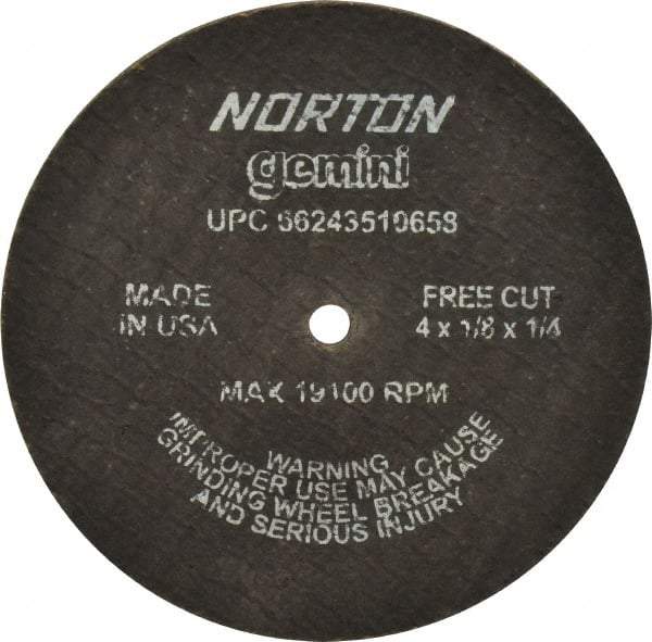 Norton - 4" Aluminum Oxide Cutoff Wheel - 1/8" Thick, 1/4" Arbor, 19,100 Max RPM, Use with Die Grinders - Eagle Tool & Supply