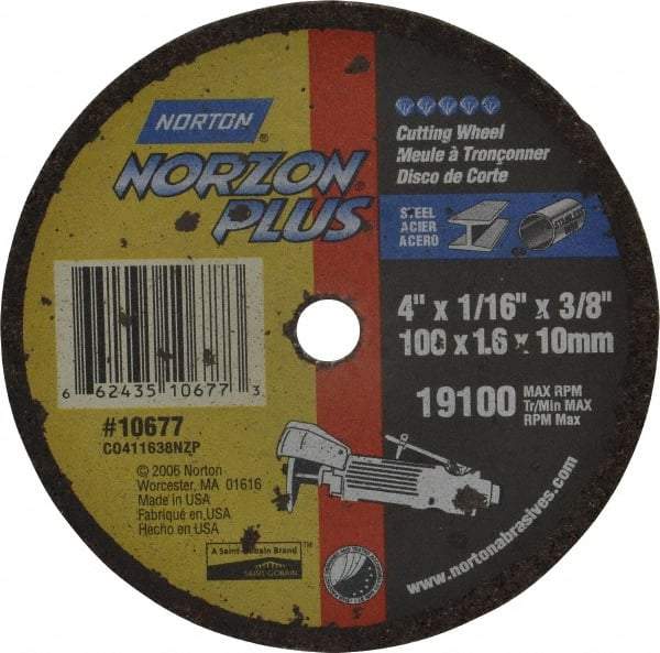Norton - 4" Ceramic Cutoff Wheel - 1/16" Thick, 3/8" Arbor, 19,100 Max RPM, Use with Die Grinders - Eagle Tool & Supply