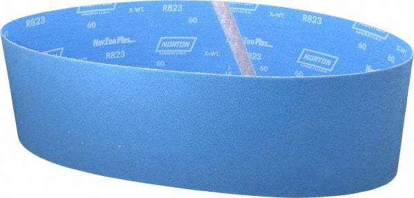 Norton - 6" Wide x 48" OAL, 60 Grit, Zirconia Alumina Abrasive Belt - Zirconia Alumina, Medium, Coated, X Weighted Cloth Backing, Series R823 - Eagle Tool & Supply