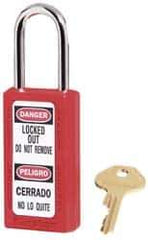 Master Lock - Keyed Alike Conductive Lockout Padlock - 1-1/2" Shackle Clearance, 1/4" Shackle Diam, 1-3/4" Body Height x 1-1/2" Body Width, Red, 6 Pins - Eagle Tool & Supply