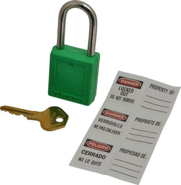 Master Lock - Keyed Different Nonconductive Lockout Padlock - 1-1/2" Shackle Clearance, 1/4" Shackle Diam, 1-3/4" Body Height x 1-1/2" Body Width, Green, 6 Pins - Eagle Tool & Supply
