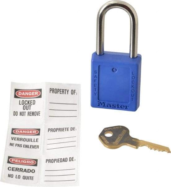 Master Lock - Keyed Different Nonconductive Lockout Padlock - 1-1/2" Shackle Clearance, 1/4" Shackle Diam, 1-3/4" Body Height x 1-1/2" Body Width, Blue, 6 Pins - Eagle Tool & Supply