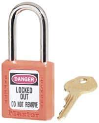 Master Lock - Keyed Alike Conductive Lockout Padlock - 1-1/2" Shackle Clearance, 1/4" Shackle Diam, 1-3/4" Body Height x 1-1/2" Body Width, Orange, 6 Pins - Eagle Tool & Supply