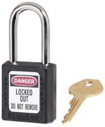 Master Lock - Keyed Alike Conductive Lockout Padlock - 1-1/2" Shackle Clearance, 1/4" Shackle Diam, 1-3/4" Body Height x 1-1/2" Body Width, Black, 6 Pins - Eagle Tool & Supply