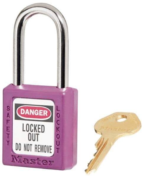 Master Lock - Keyed Different Nonconductive Lockout Padlock - 1-1/2" Shackle Clearance, 1/4" Shackle Diam, 1-3/4" Body Height x 1-1/2" Body Width, Purple, 6 Pins - Eagle Tool & Supply